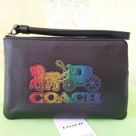 COACH CORNER ZIP LEATHER WRISTLET W/HORSE & CARRIAGE MOTIF:NWT OMBRE/RAINBOW - Picture 1 of 10